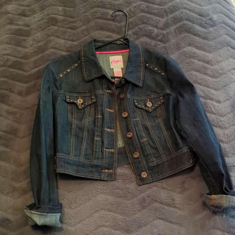 Vintage Candie's Cropped Dark Denim Button up Jacket with metal stud ac…
